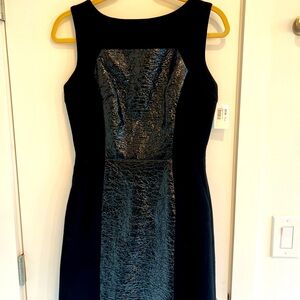 NWT Milly Black Wool Boatneck Crepe Dress with Faux Leather Inset, Size 6